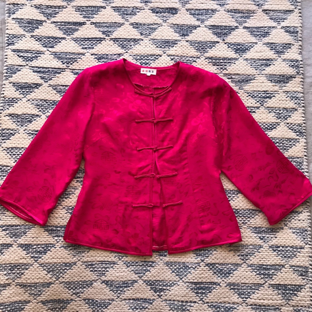 Vintage Chinese Asian Magenta Pink Button Blouse S